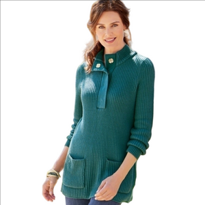 Soft Surroundings Teal Funnel Neck Collar Pullover Knit Ribbed Sweater Tunic XL
